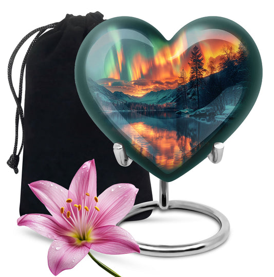 Heart-shaped Northern Lights urn for adult ash containment, made from Aluminium