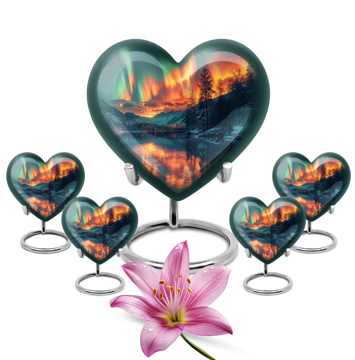 Heart-shaped Northern Lights urn for adult ash containment, made from Aluminium