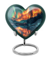 Heart-shaped Northern Lights urn for adult ash containment, made from Aluminium