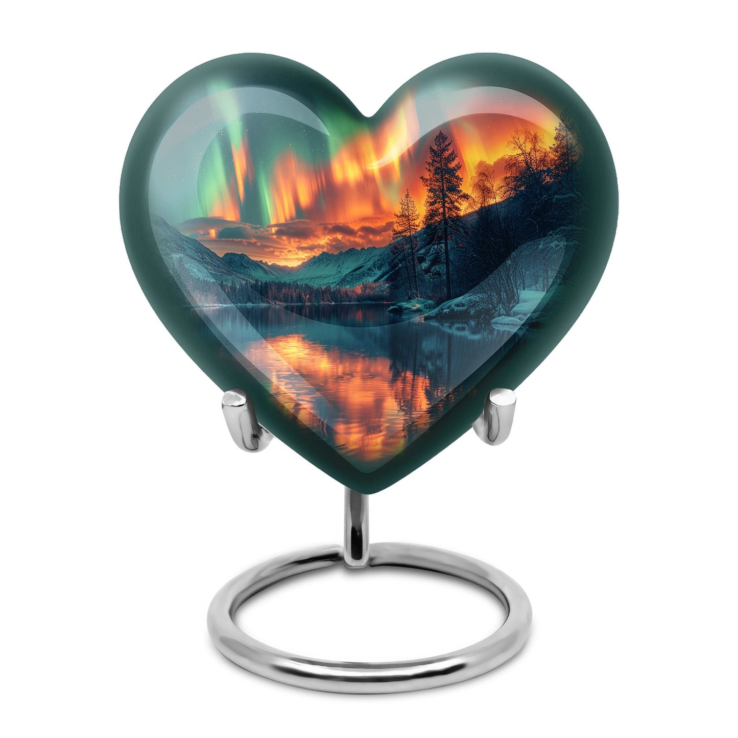 Heart-shaped Northern Lights urn for adult ash containment, made from Aluminium