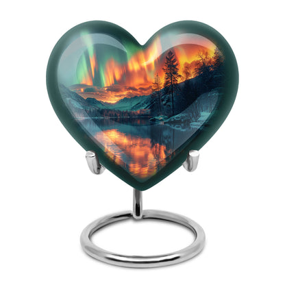 Heart-shaped Northern Lights urn for adult ash containment, made from Aluminium