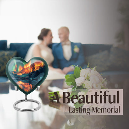 Heart-shaped Northern Lights urn for adult ash containment, made from Aluminium