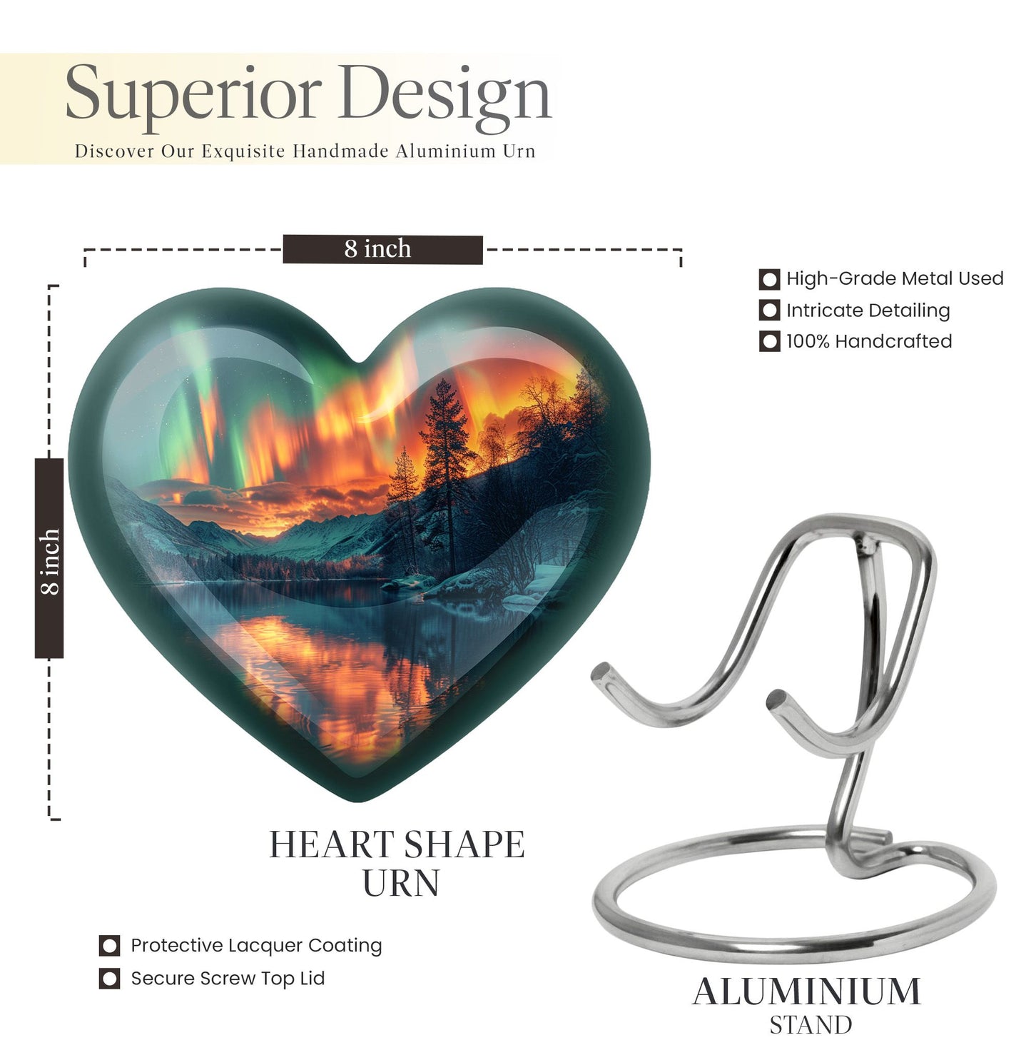 Heart-shaped Northern Lights urn for adult ash containment, made from Aluminium