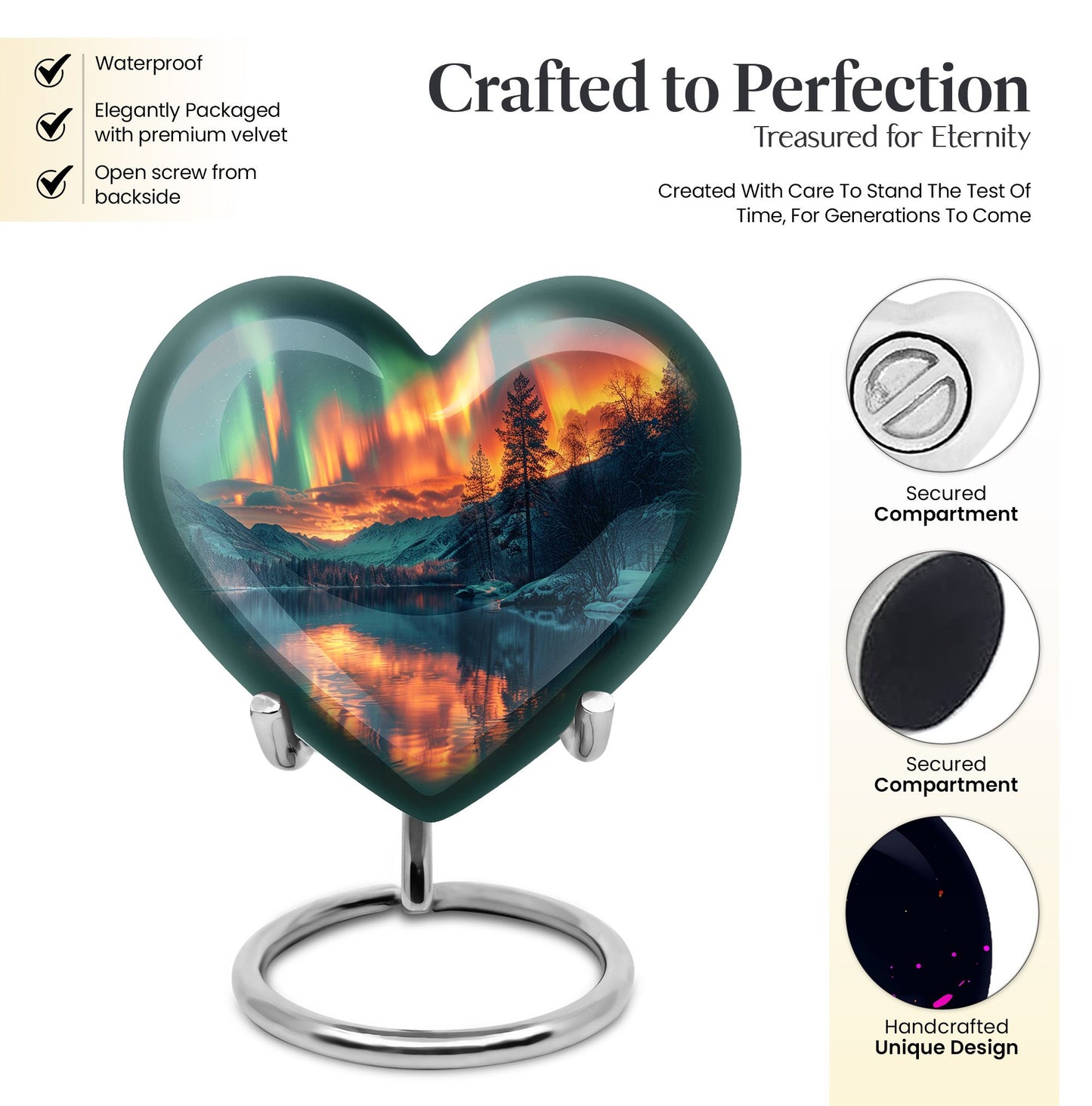 Heart-shaped Northern Lights urn for adult ash containment, made from Aluminium