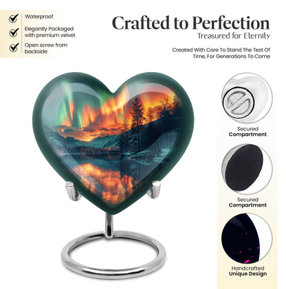 Heart-shaped Northern Lights urn for adult ash containment, made from Aluminium