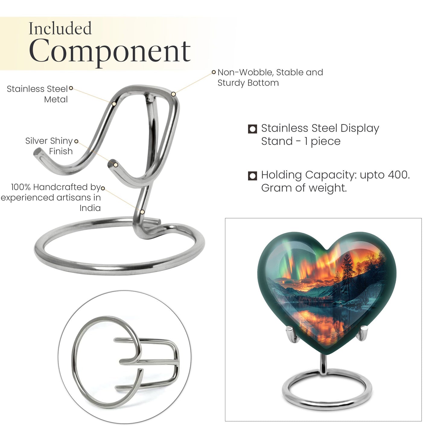 Heart-shaped Northern Lights urn for adult ash containment, made from Aluminium