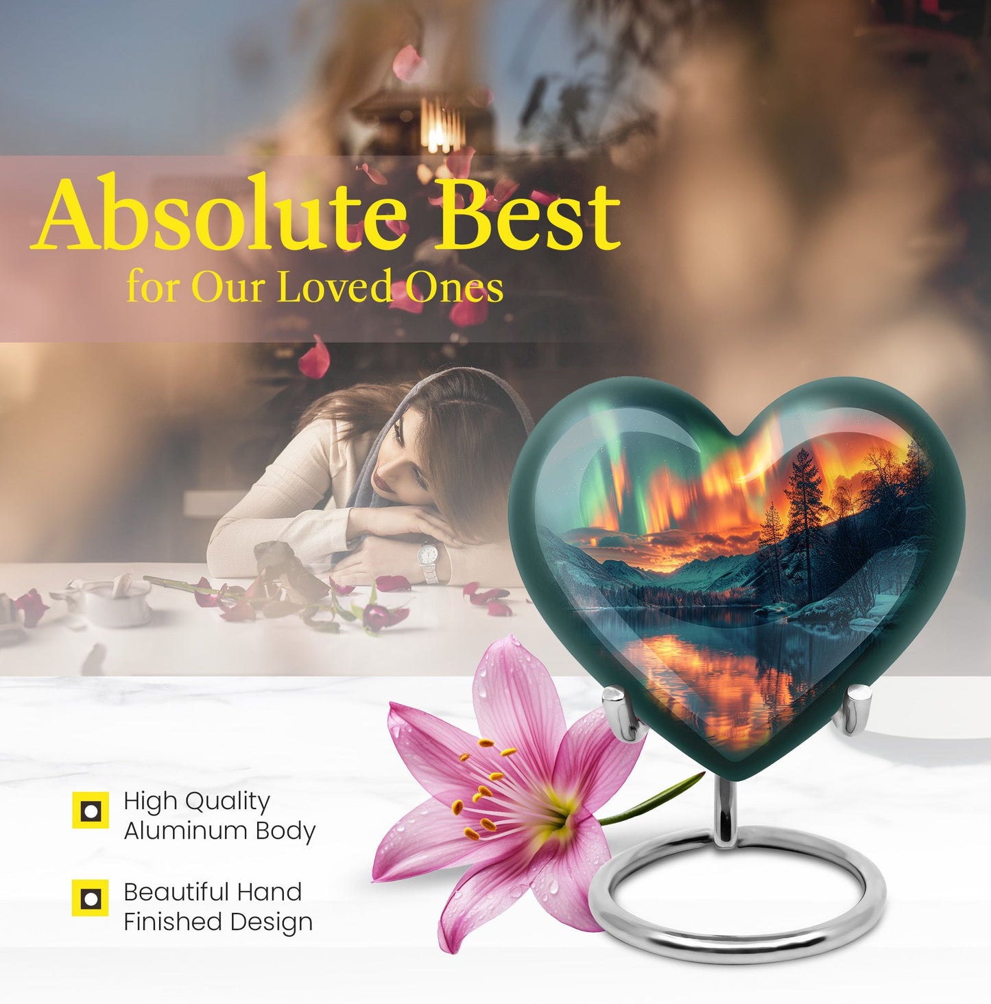 Heart-shaped Northern Lights urn for adult ash containment, made from Aluminium