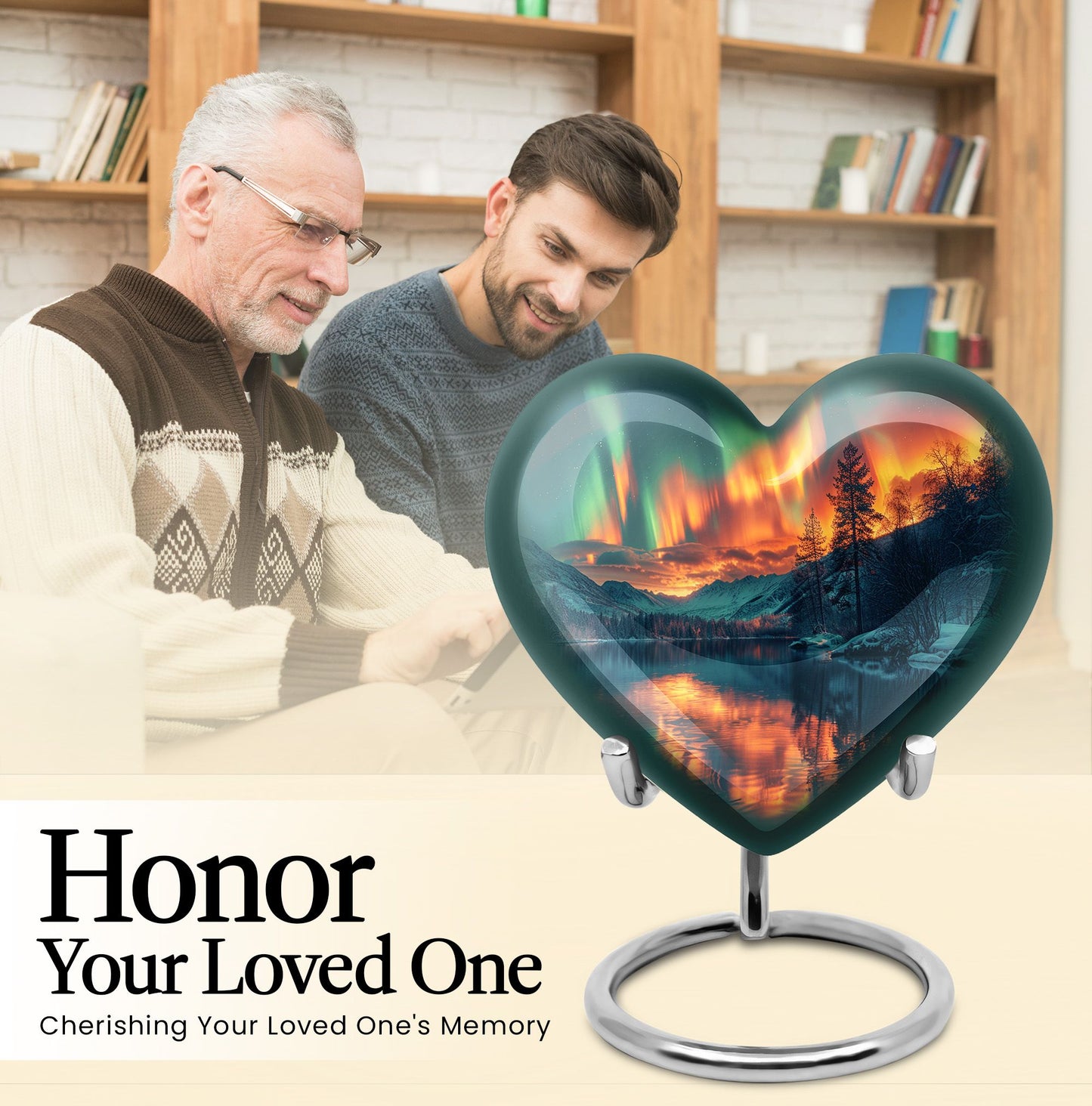 Heart-shaped Northern Lights urn for adult ash containment, made from Aluminium