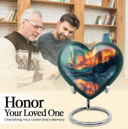 Heart-shaped Northern Lights urn for adult ash containment, made from Aluminium