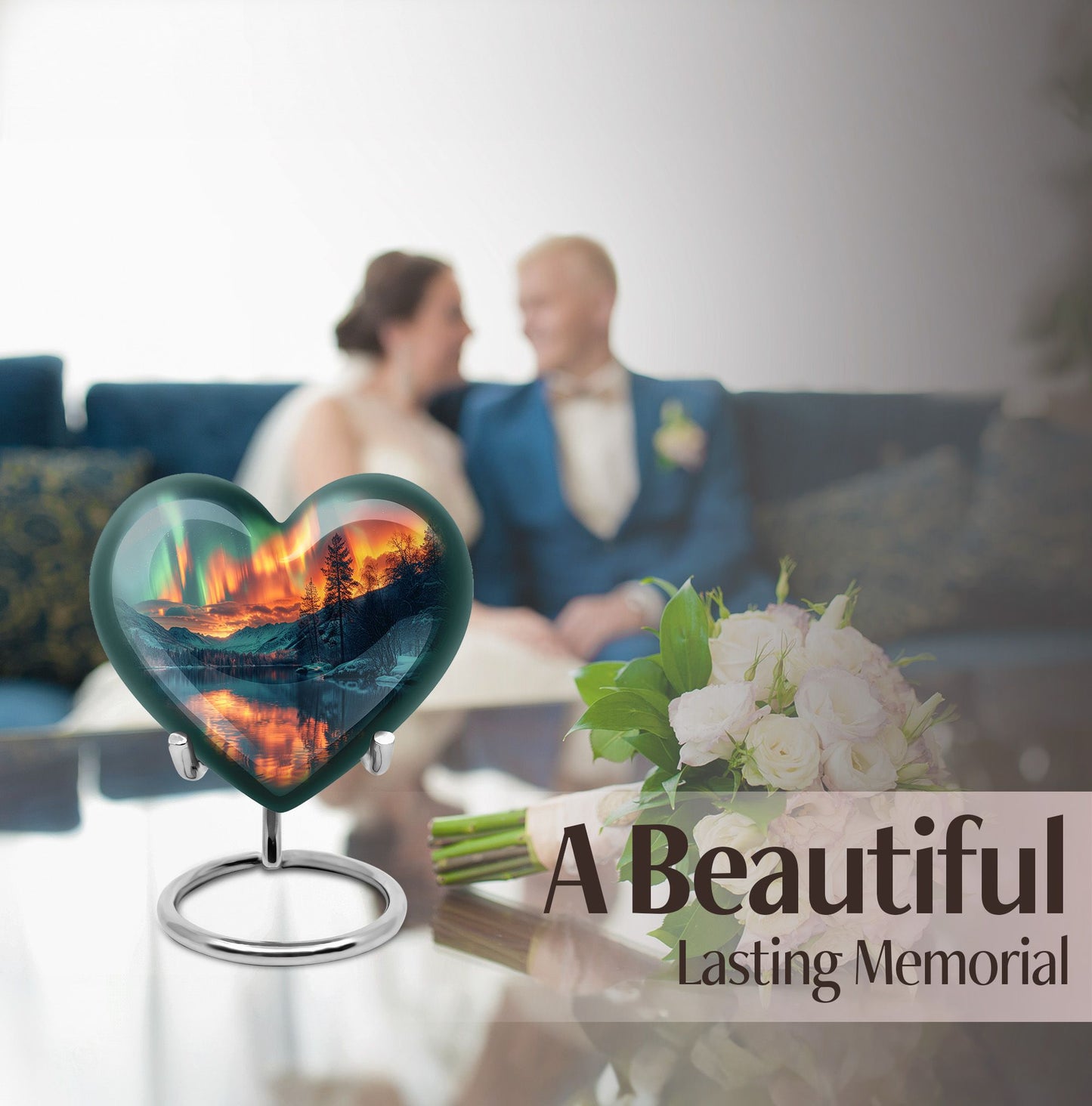 Heart-shaped Northern Lights urn for adult ash containment, made from Aluminium