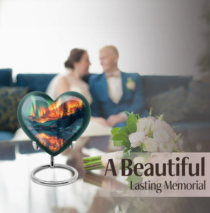 Heart-shaped Northern Lights urn for adult ash containment, made from Aluminium