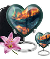 Heart-shaped Northern Lights urn for adult ash containment, made from Aluminium