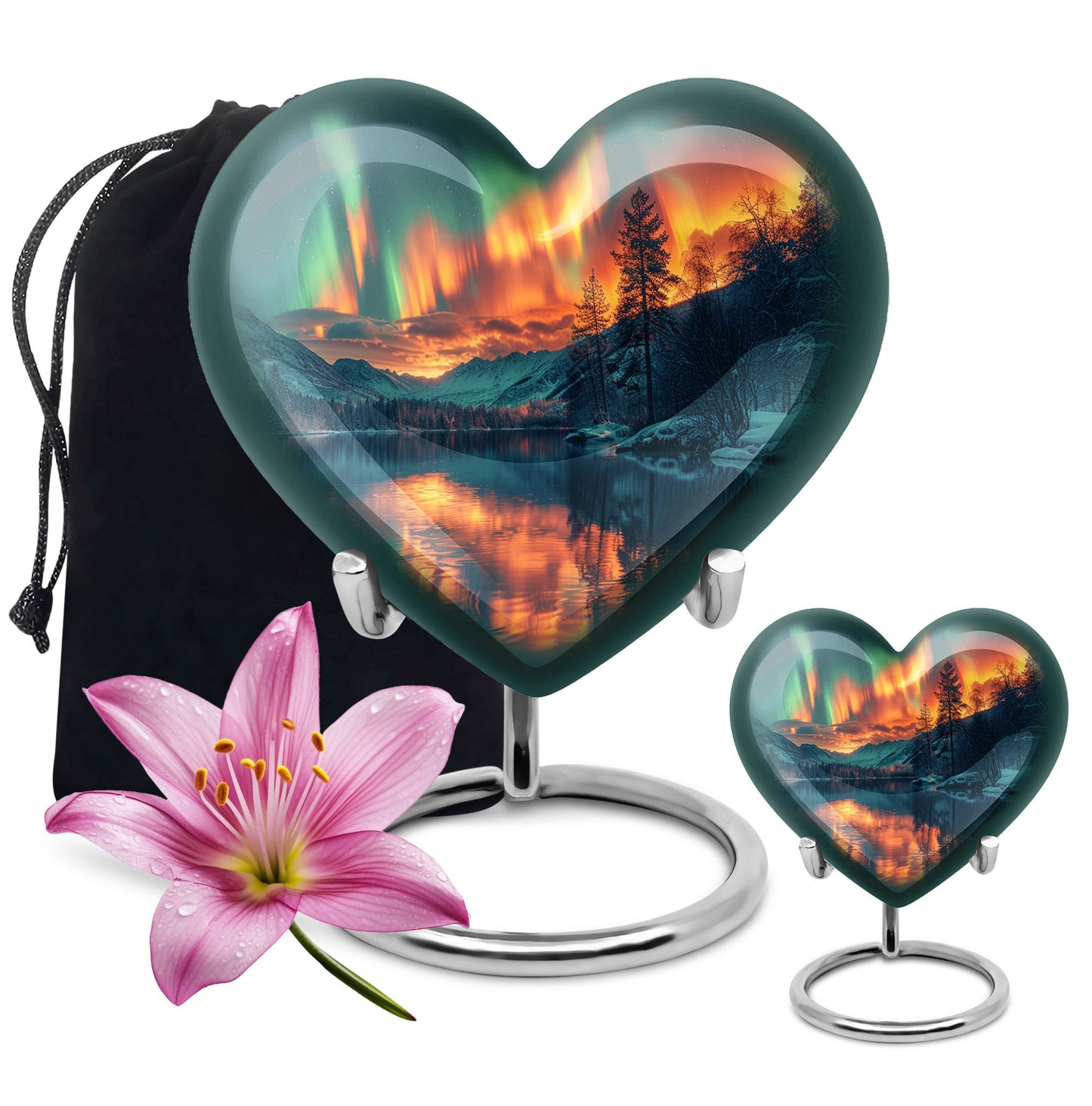 Heart-shaped Northern Lights urn for adult ash containment, made from Aluminium