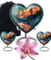 Heart-shaped Northern Lights urn for adult ash containment, made from Aluminium