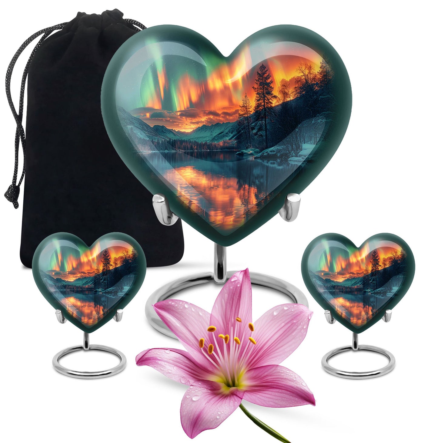 Heart-shaped Northern Lights urn for adult ash containment, made from Aluminium