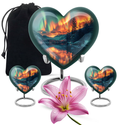 Heart-shaped Northern Lights urn for adult ash containment, made from Aluminium