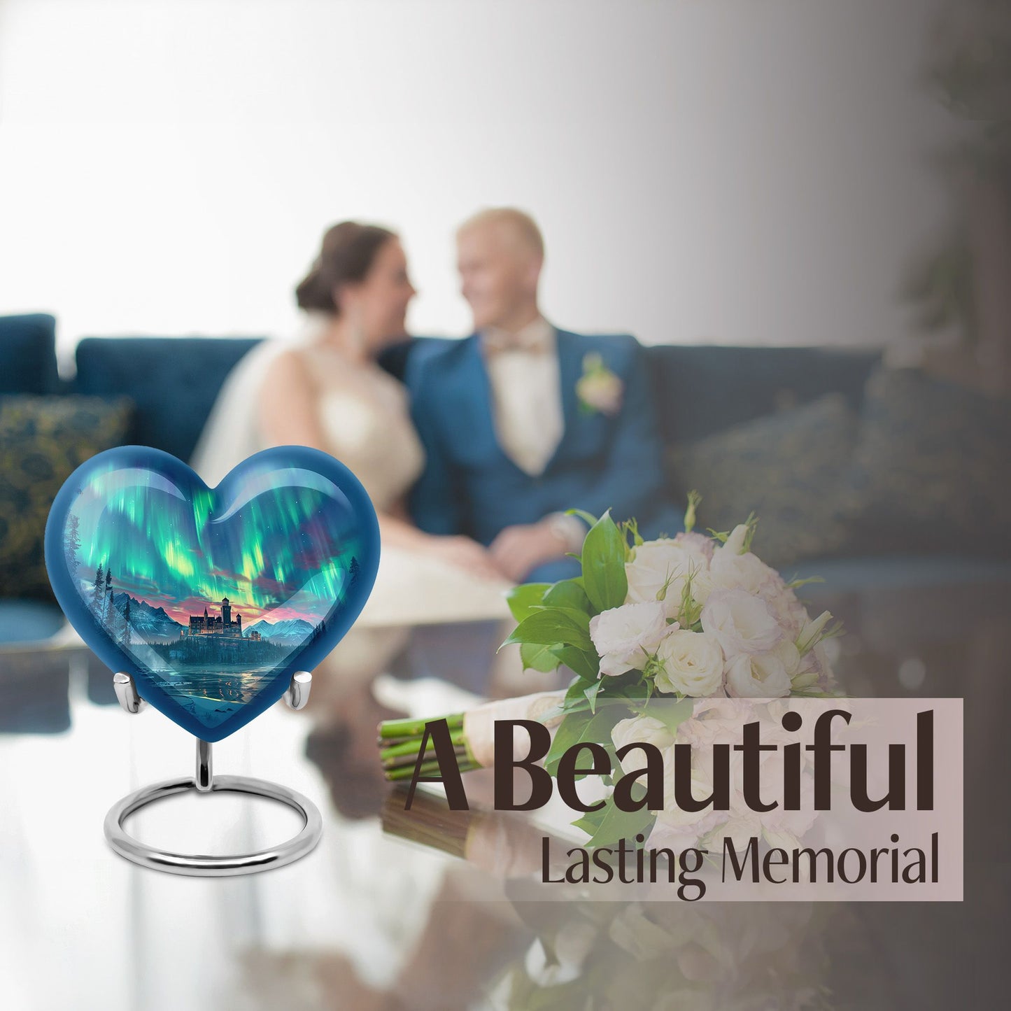 northern lights heart-shaped urn.