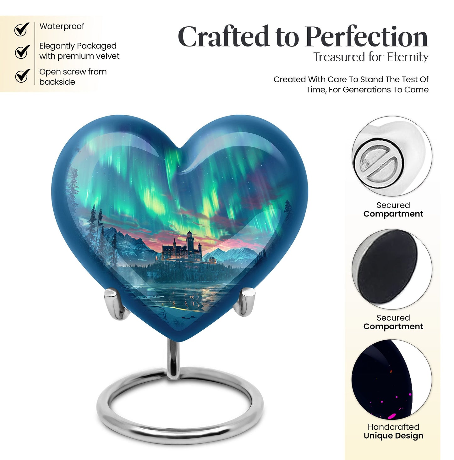 northern lights heart-shaped urn.