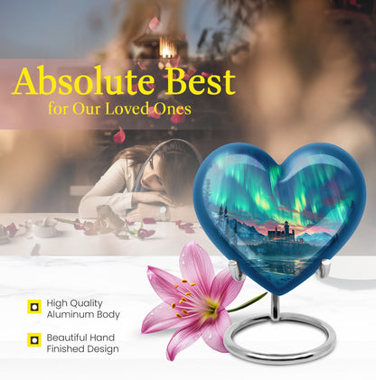 northern lights heart-shaped urn.