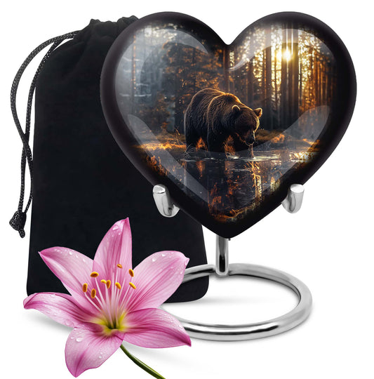 10-inch Bear Urn, heart-designed cremation urn in Purple Meadow theme, with engraving option and velvet pouch