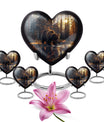 10-inch Bear Urn, heart-designed cremation urn in Purple Meadow theme, with engraving option and velvet pouch
