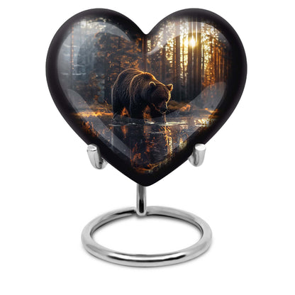10-inch Bear Urn, heart-designed cremation urn in Purple Meadow theme, with engraving option and velvet pouch