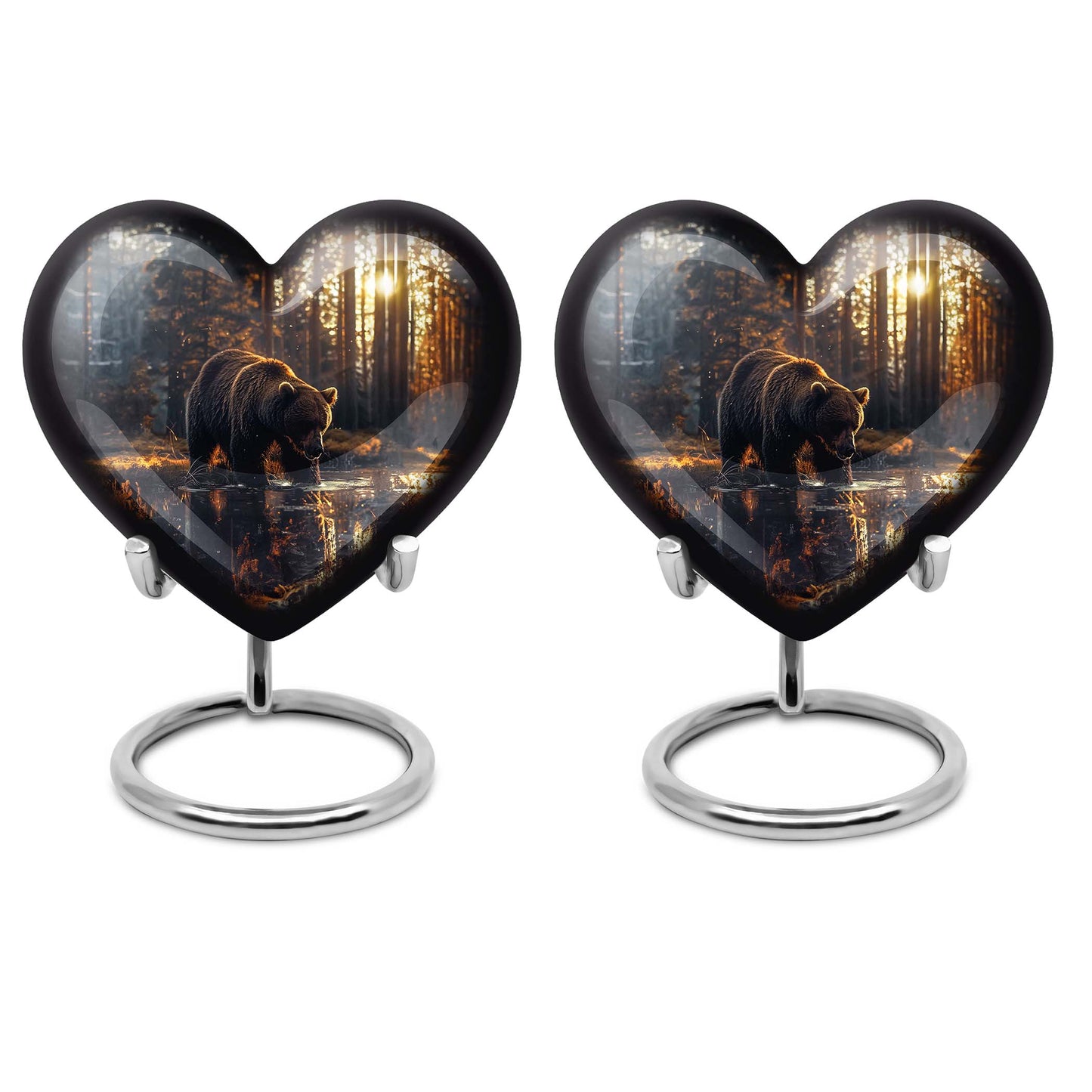 10-inch Bear Urn, heart-designed cremation urn in Purple Meadow theme, with engraving option and velvet pouch