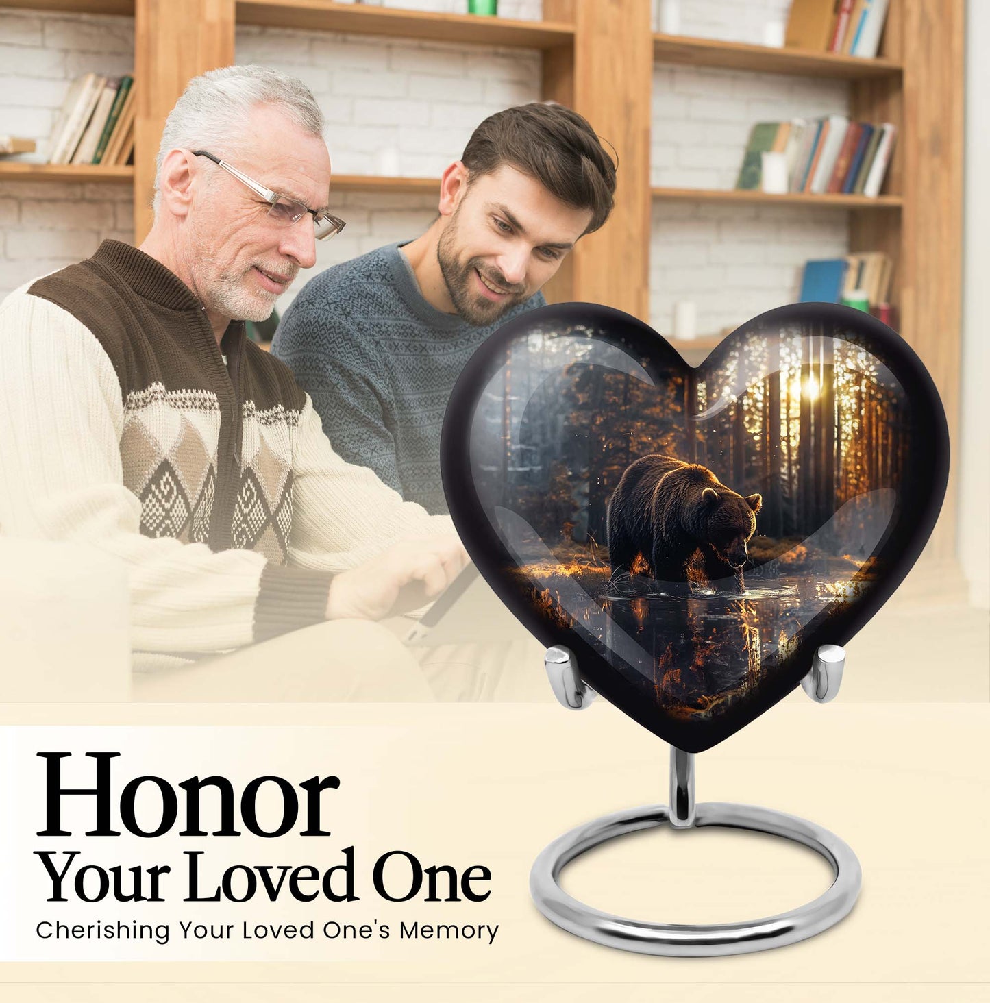 10-inch Bear Urn, heart-designed cremation urn in Purple Meadow theme, with engraving option and velvet pouch