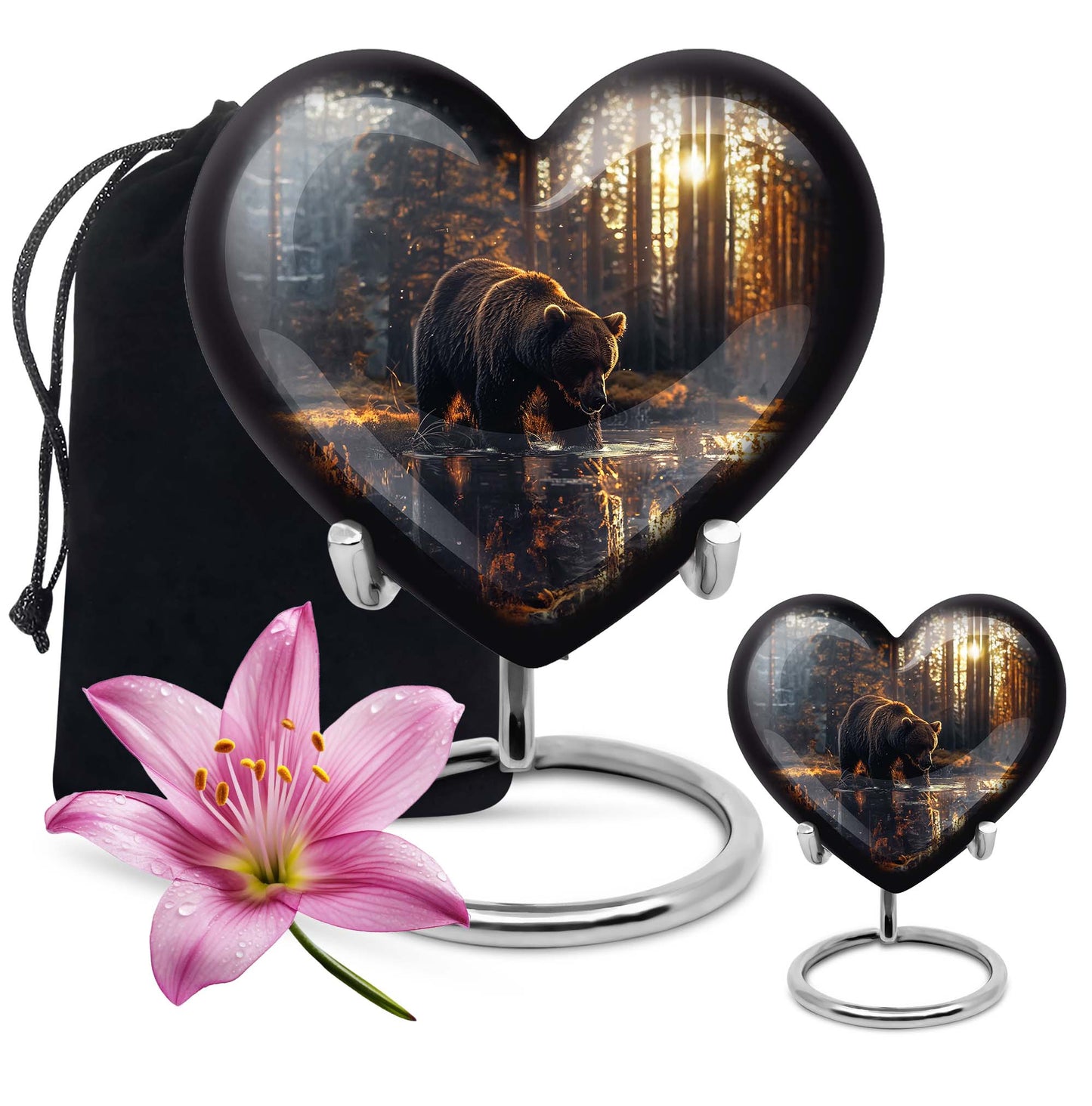 10-inch Bear Urn, heart-designed cremation urn in Purple Meadow theme, with engraving option and velvet pouch