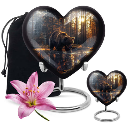 10-inch Bear Urn, heart-designed cremation urn in Purple Meadow theme, with engraving option and velvet pouch