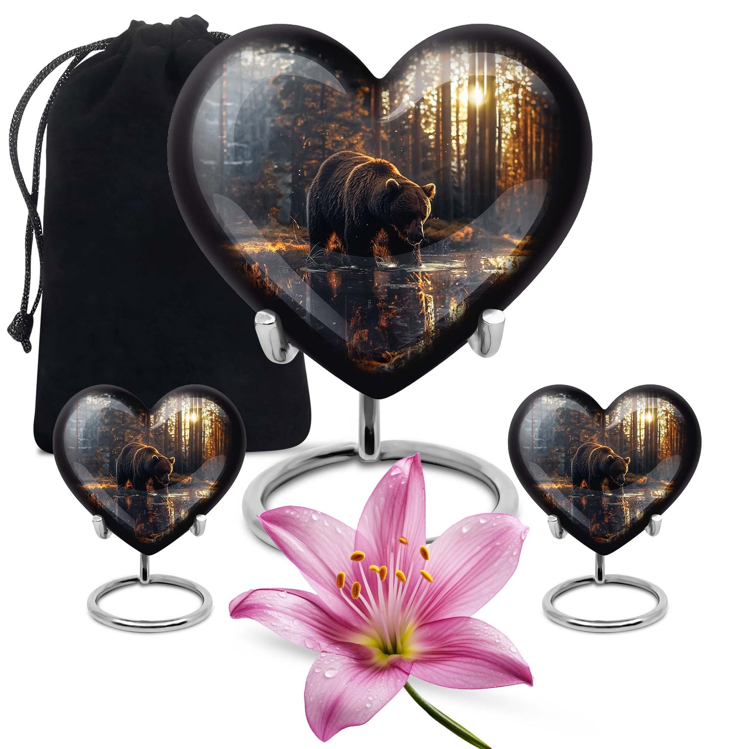 10-inch Bear Urn, heart-designed cremation urn in Purple Meadow theme, with engraving option and velvet pouch