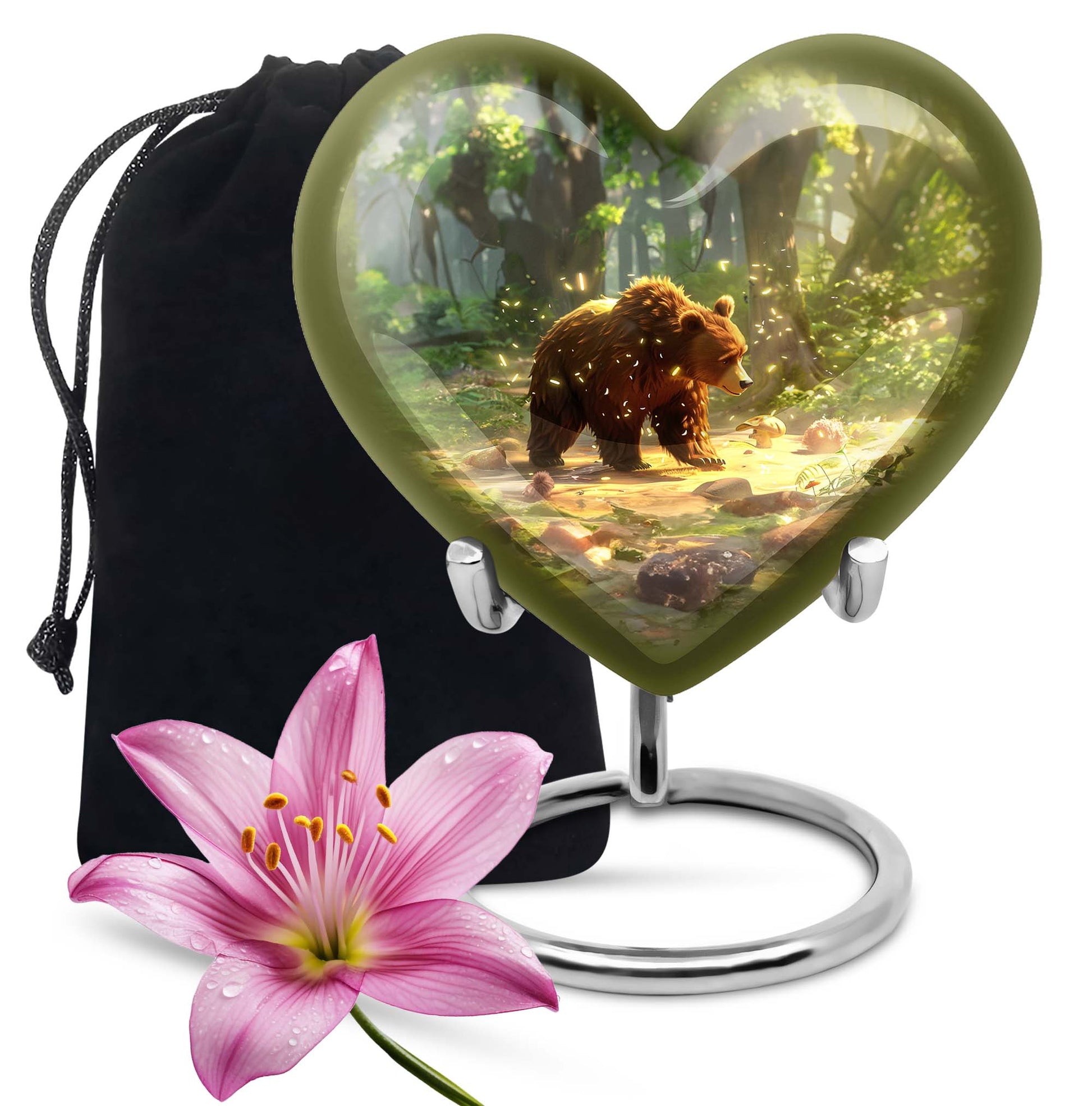 Heart-shaped Bear Urn in Purple Meadow theme, aluminium memorial urn for burial