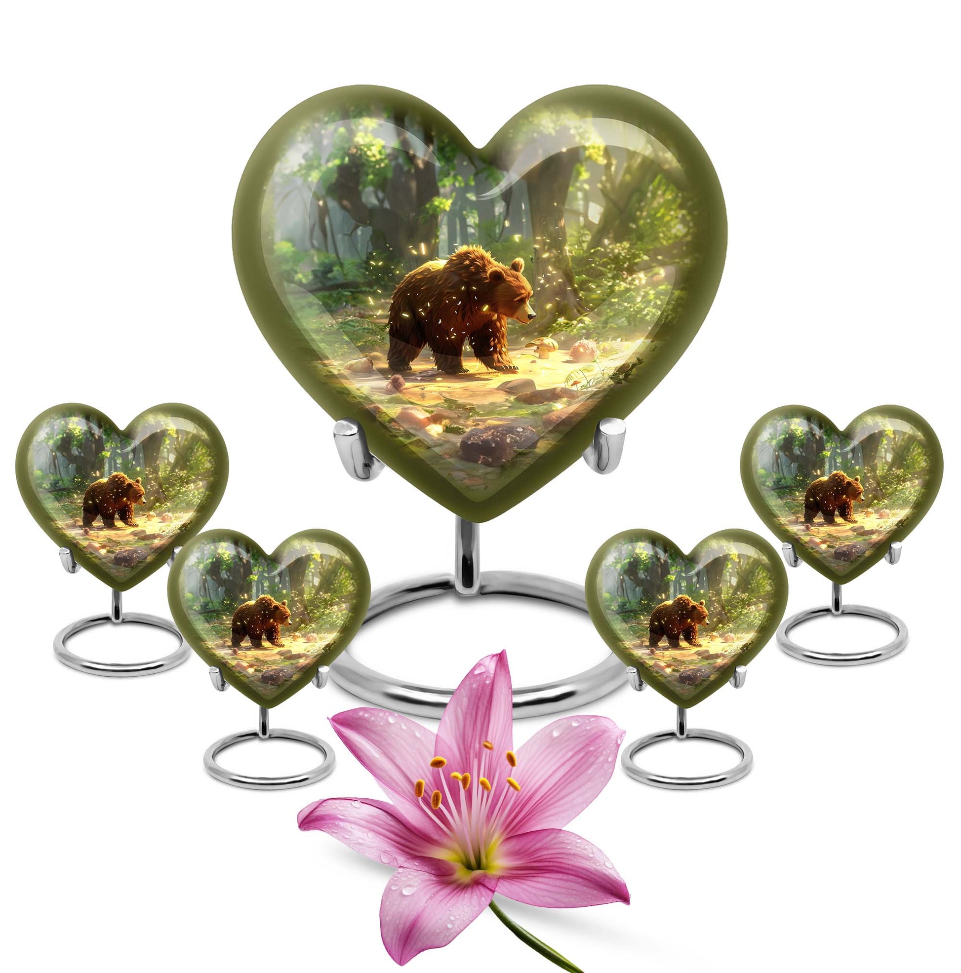 Heart-shaped Bear Urn in Purple Meadow theme, aluminium memorial urn for burial