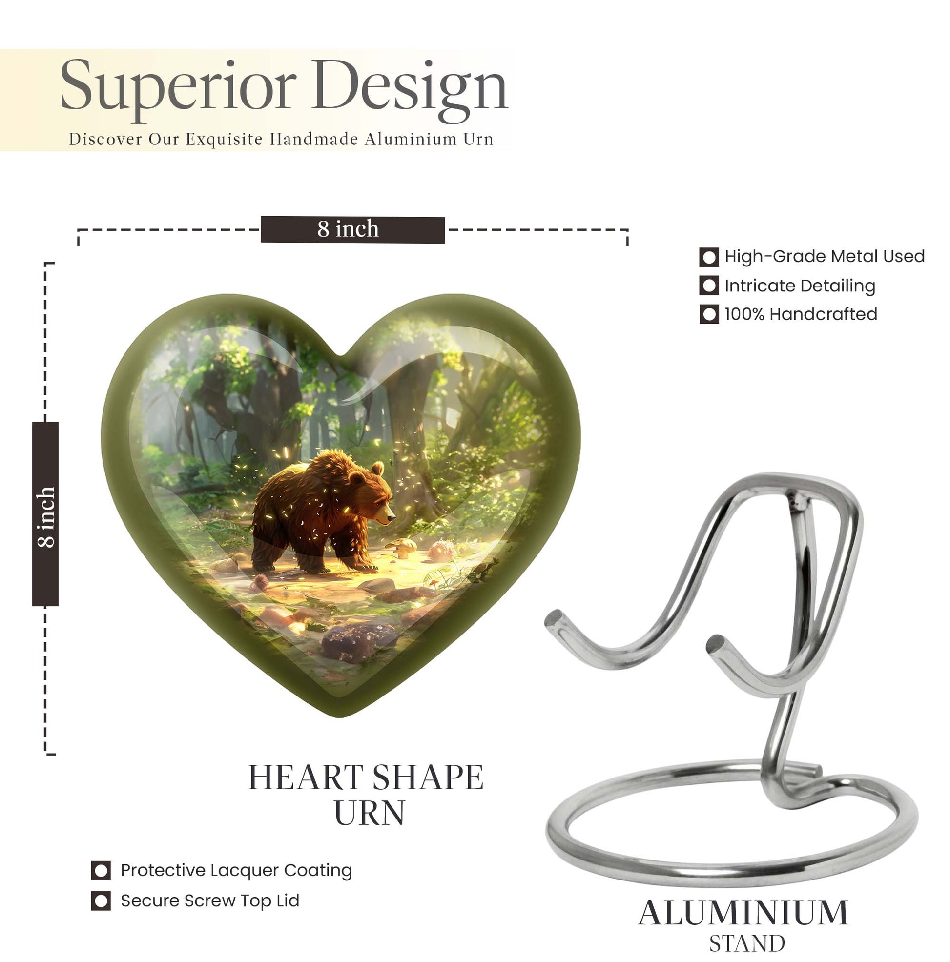 Heart-shaped Bear Urn in Purple Meadow theme, aluminium memorial urn for burial