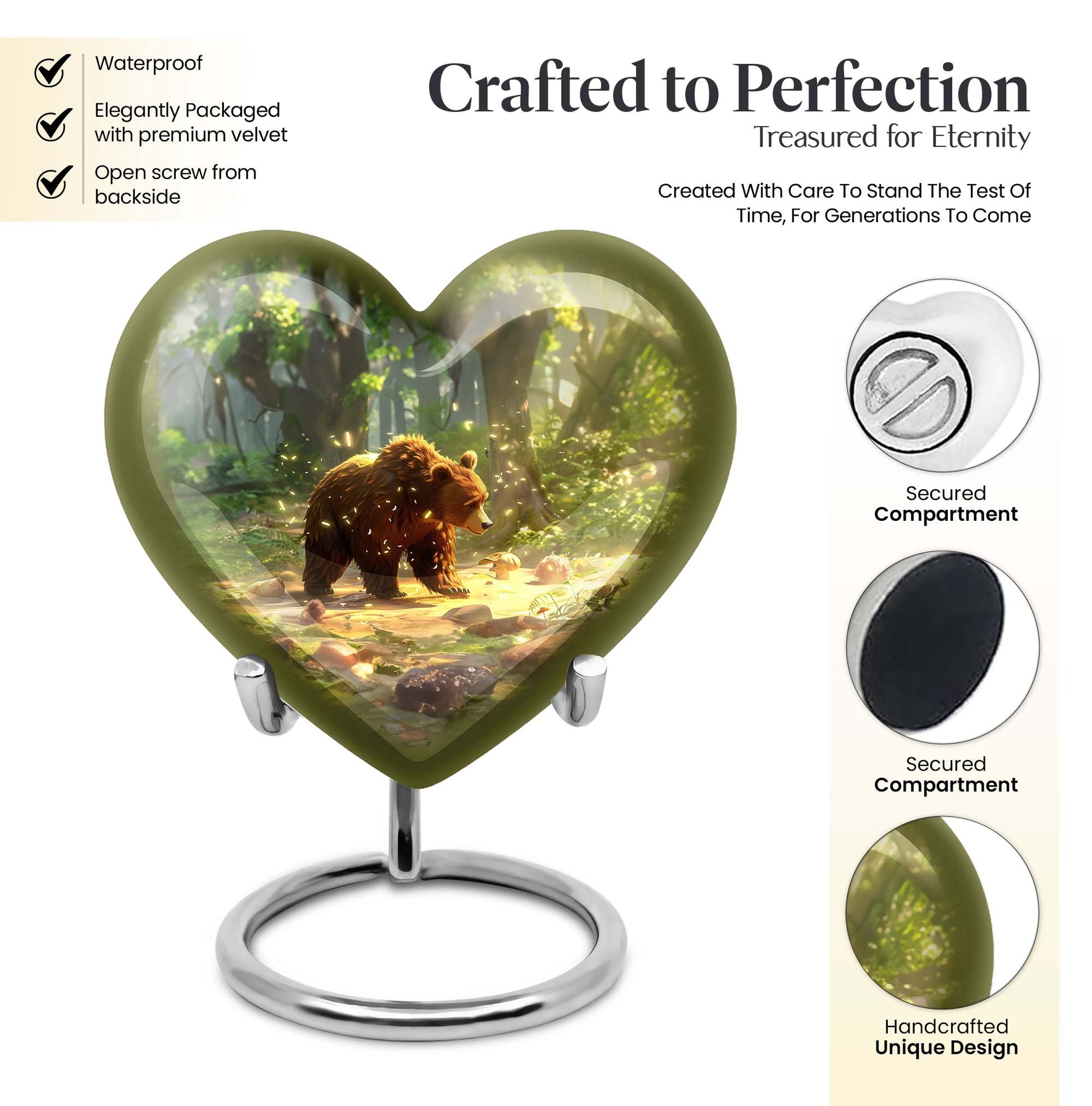 Heart-shaped Bear Urn in Purple Meadow theme, aluminium memorial urn for burial