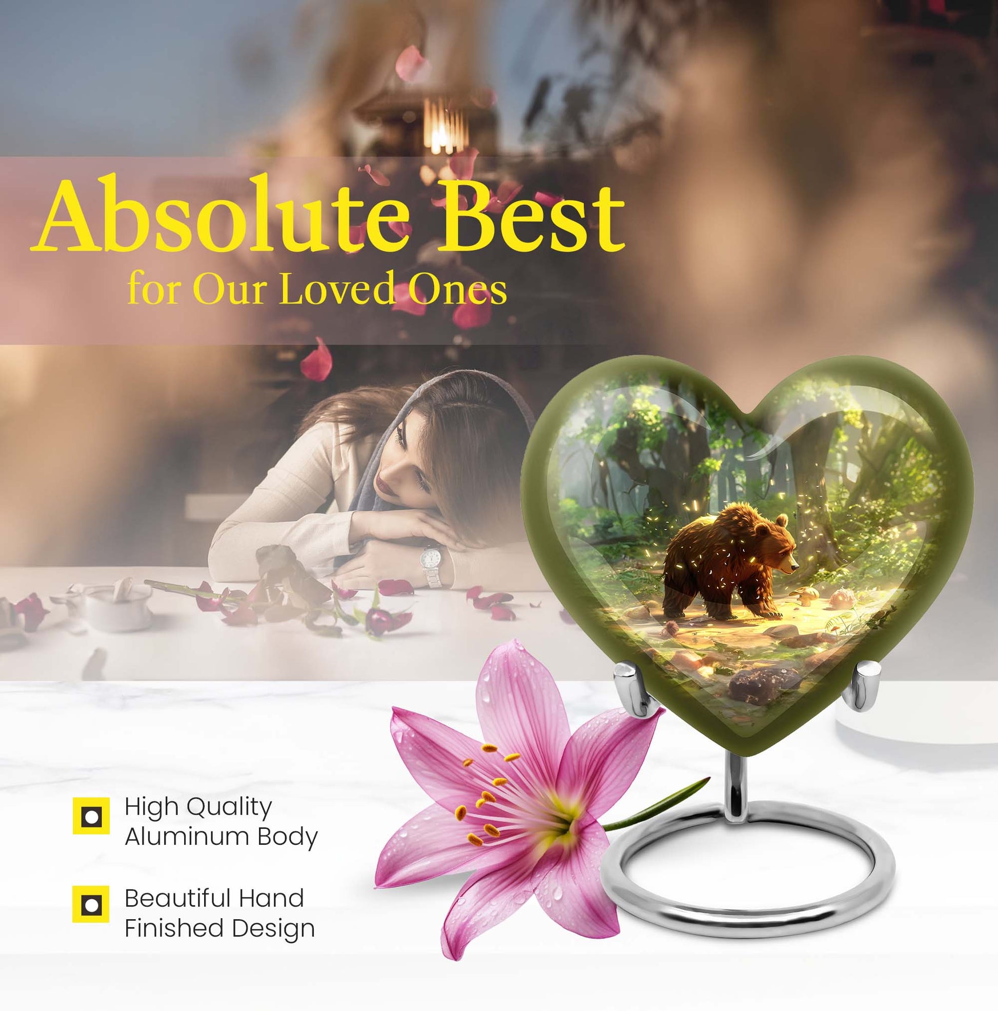 Heart-shaped Bear Urn in Purple Meadow theme, aluminium memorial urn for burial