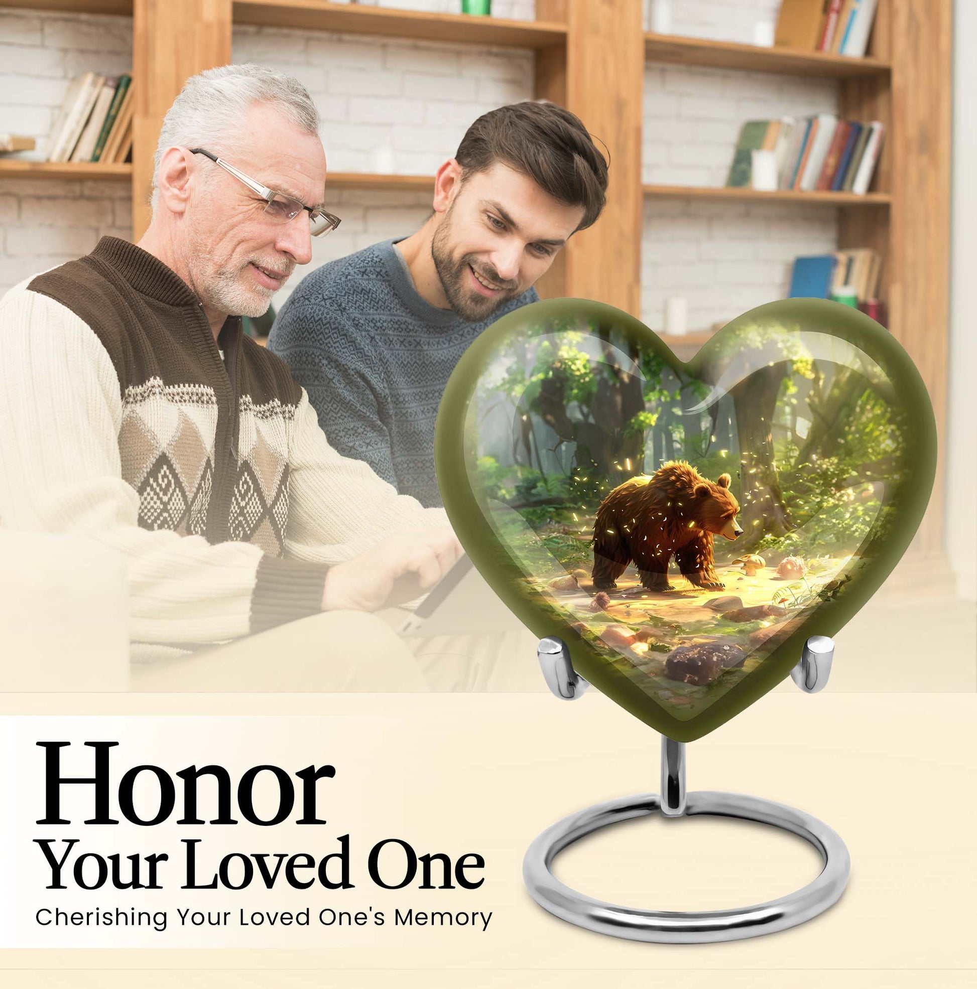 Heart-shaped Bear Urn in Purple Meadow theme, aluminium memorial urn for burial