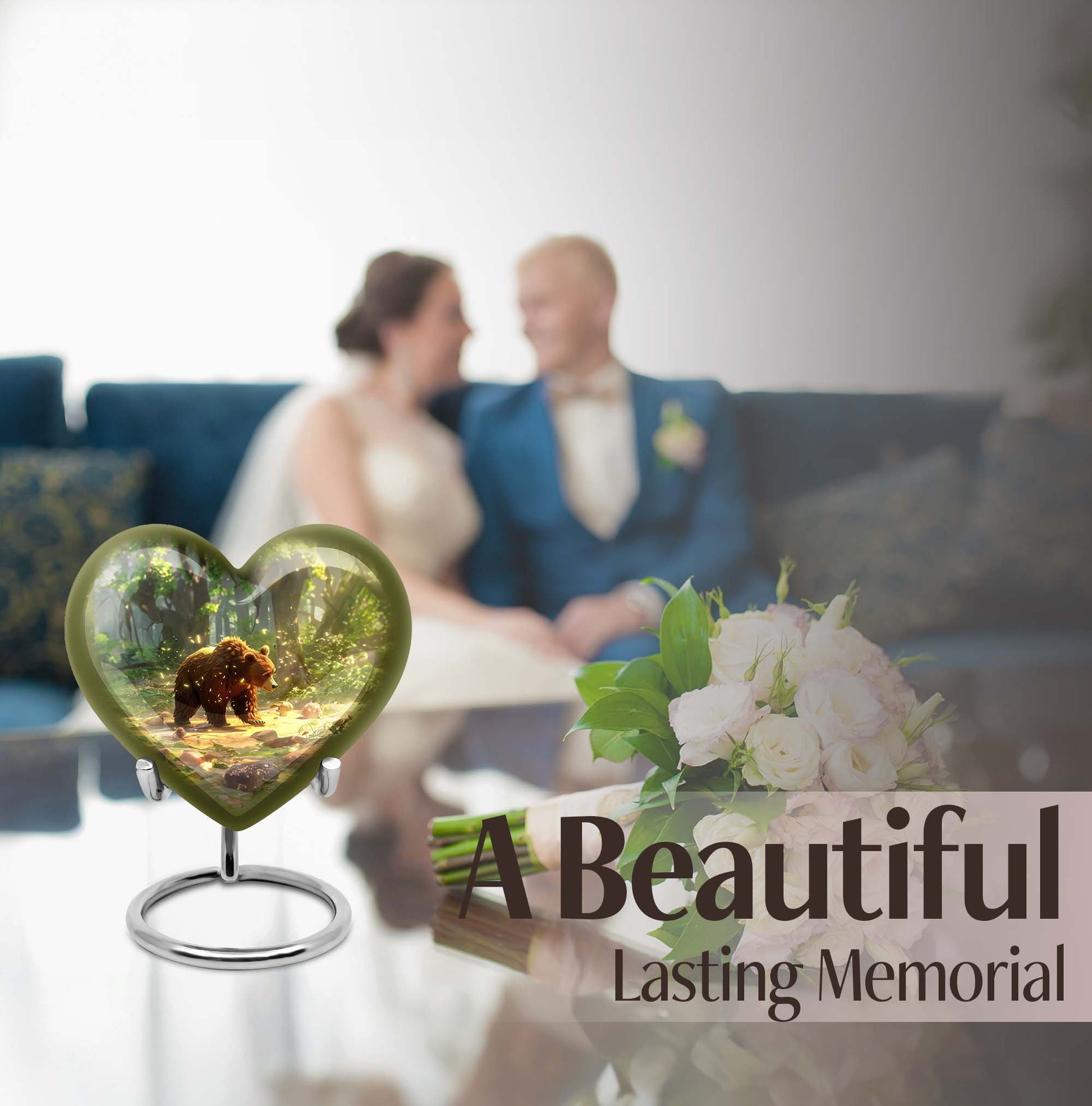 Heart-shaped Bear Urn in Purple Meadow theme, aluminium memorial urn for burial