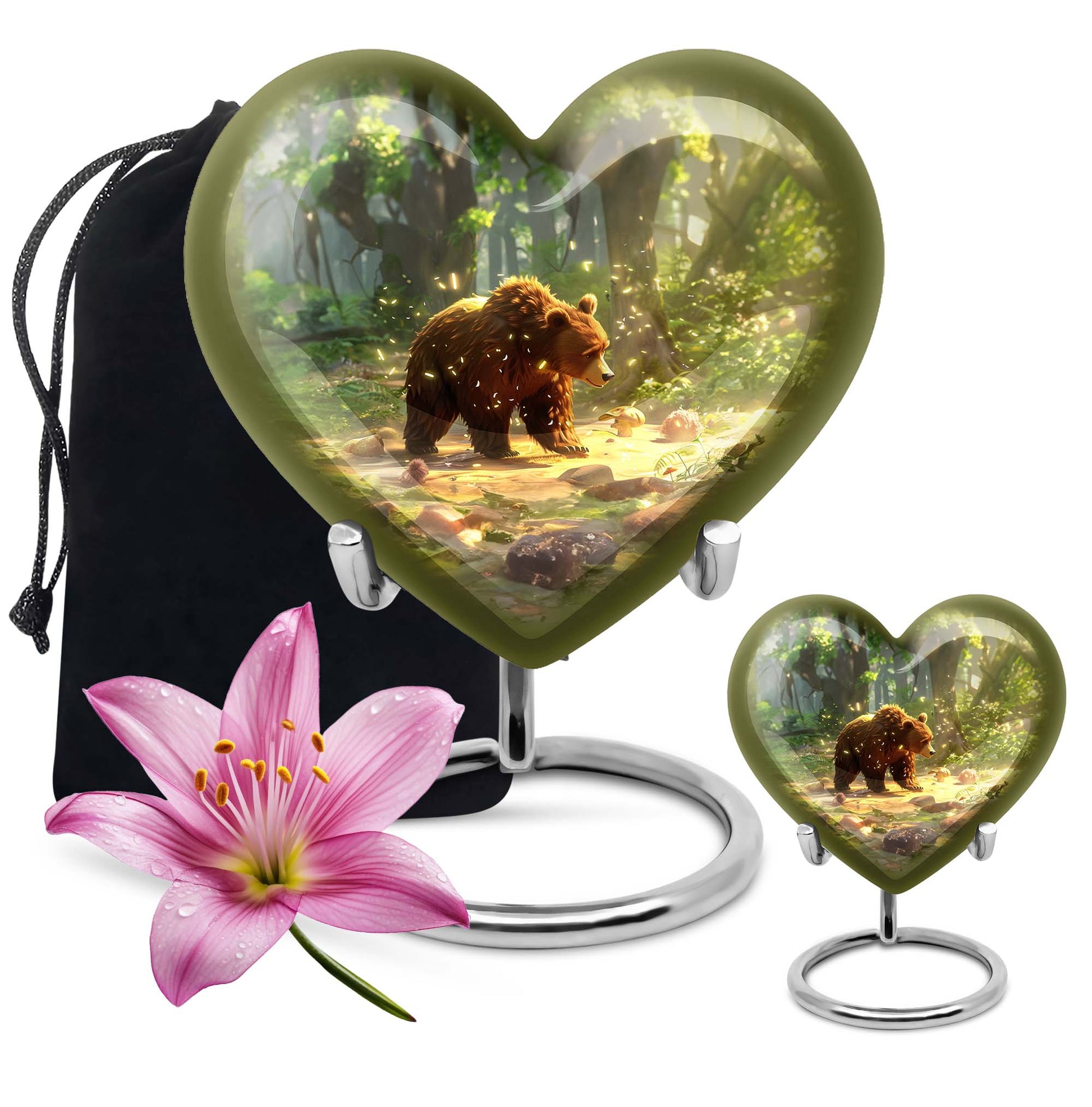 Heart-shaped Bear Urn in Purple Meadow theme, aluminium memorial urn for burial
