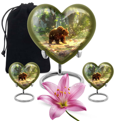 Heart-shaped Bear Urn in Purple Meadow theme, aluminium memorial urn for burial