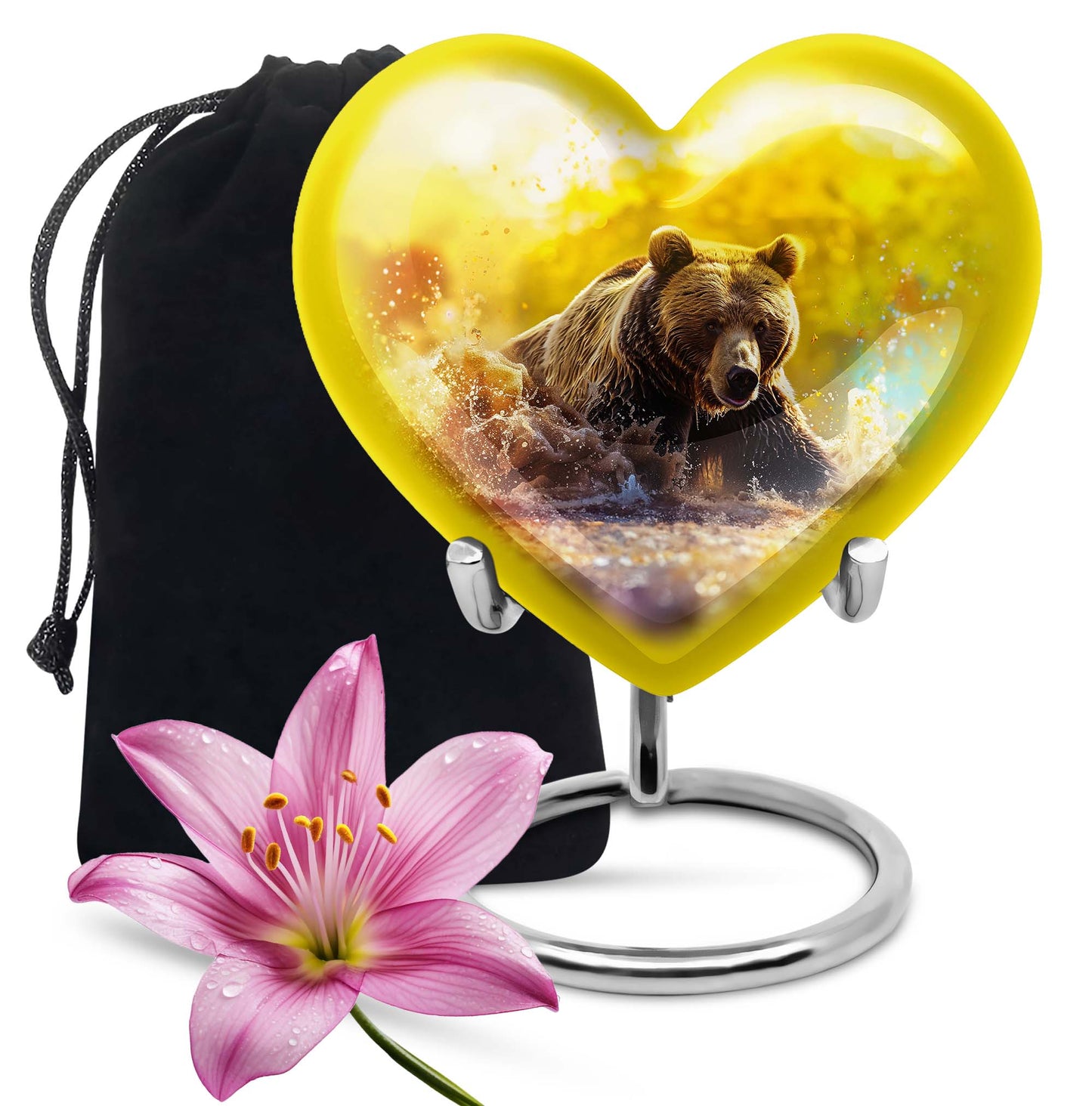 Heart-shaped Bear Urn for dad, 10-inch purple meadow-themed aluminium cremation and burial urn