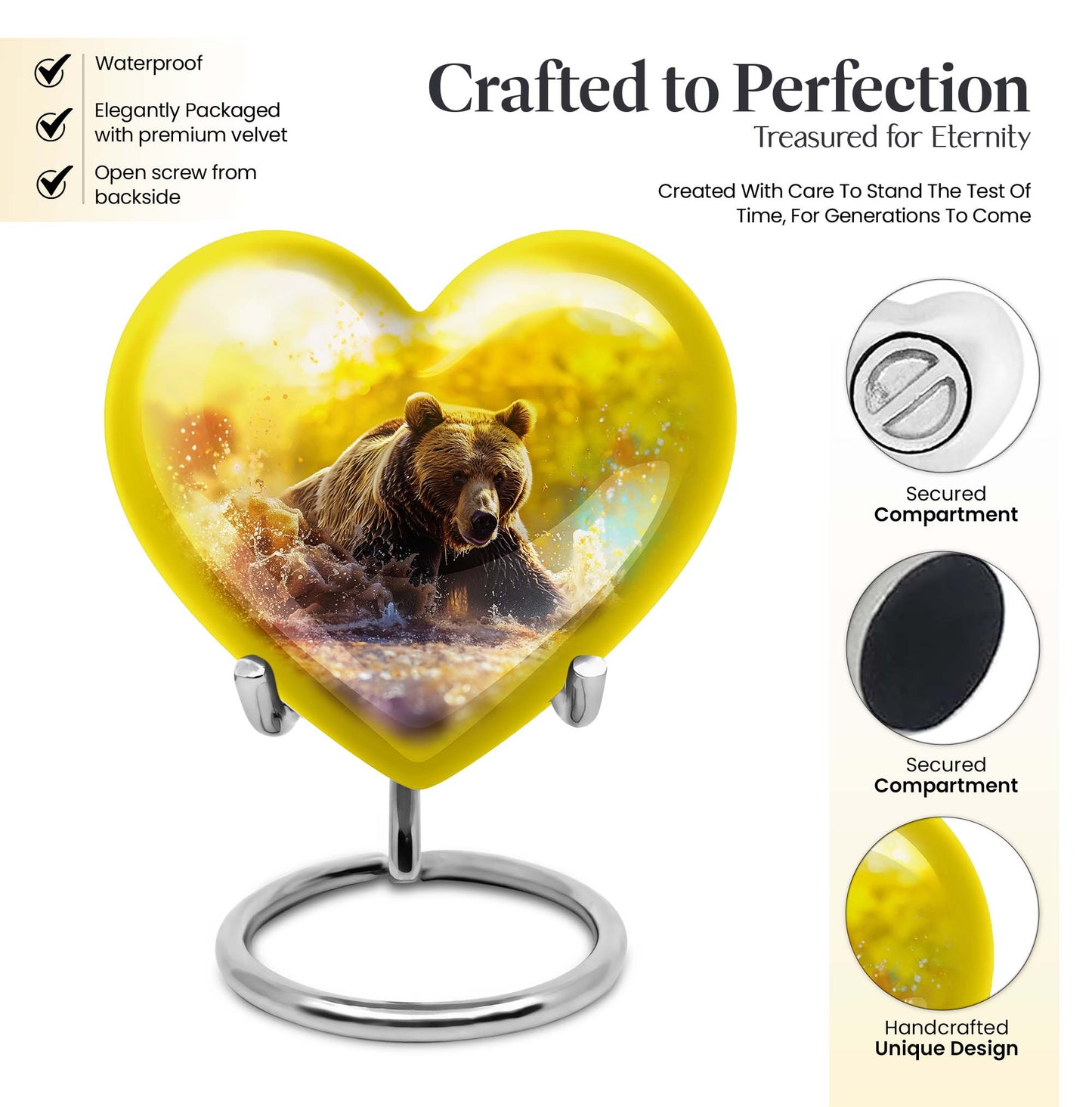 Heart-shaped Bear Urn for dad, 10-inch purple meadow-themed aluminium cremation and burial urn