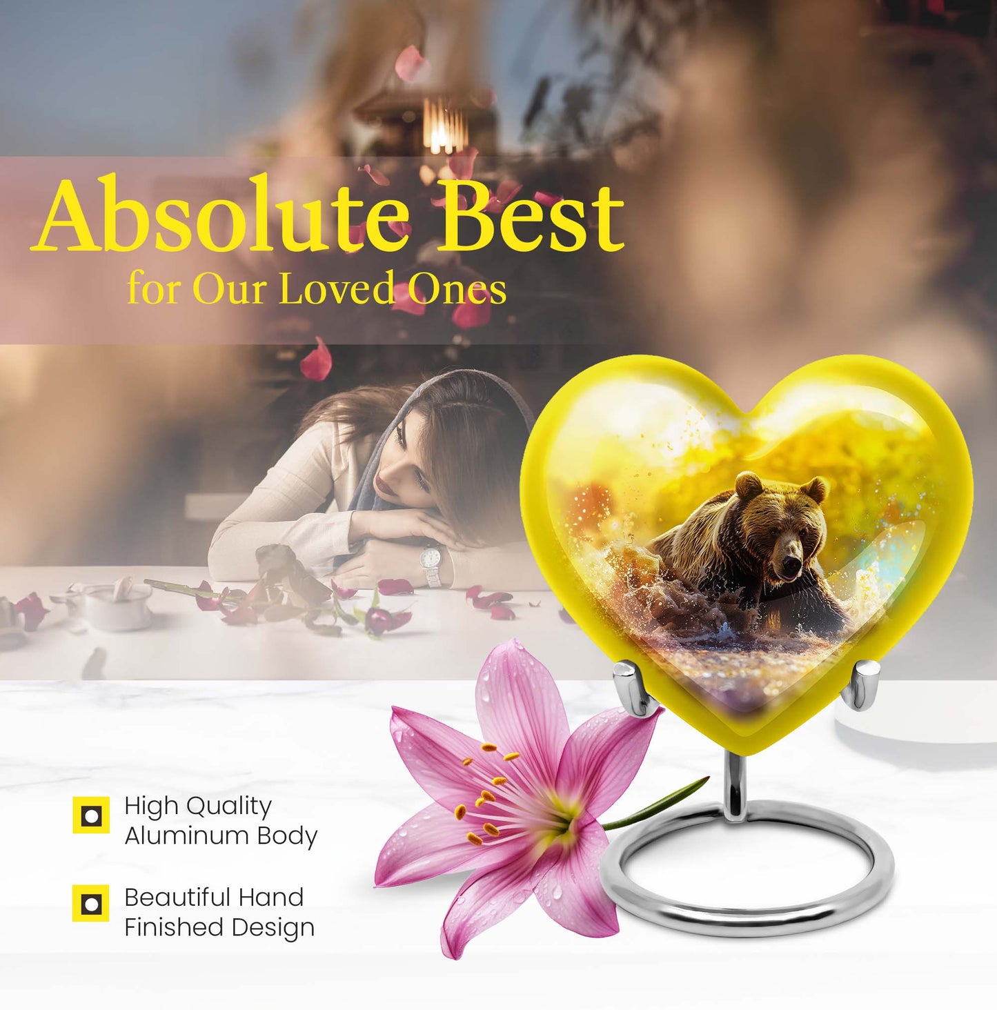 Heart-shaped Bear Urn for dad, 10-inch purple meadow-themed aluminium cremation and burial urn
