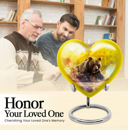 Heart-shaped Bear Urn for dad, 10-inch purple meadow-themed aluminium cremation and burial urn