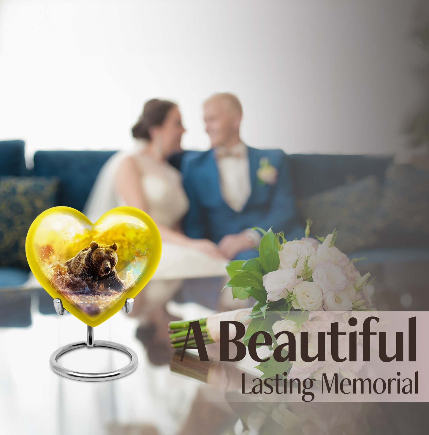 Heart-shaped Bear Urn for dad, 10-inch purple meadow-themed aluminium cremation and burial urn