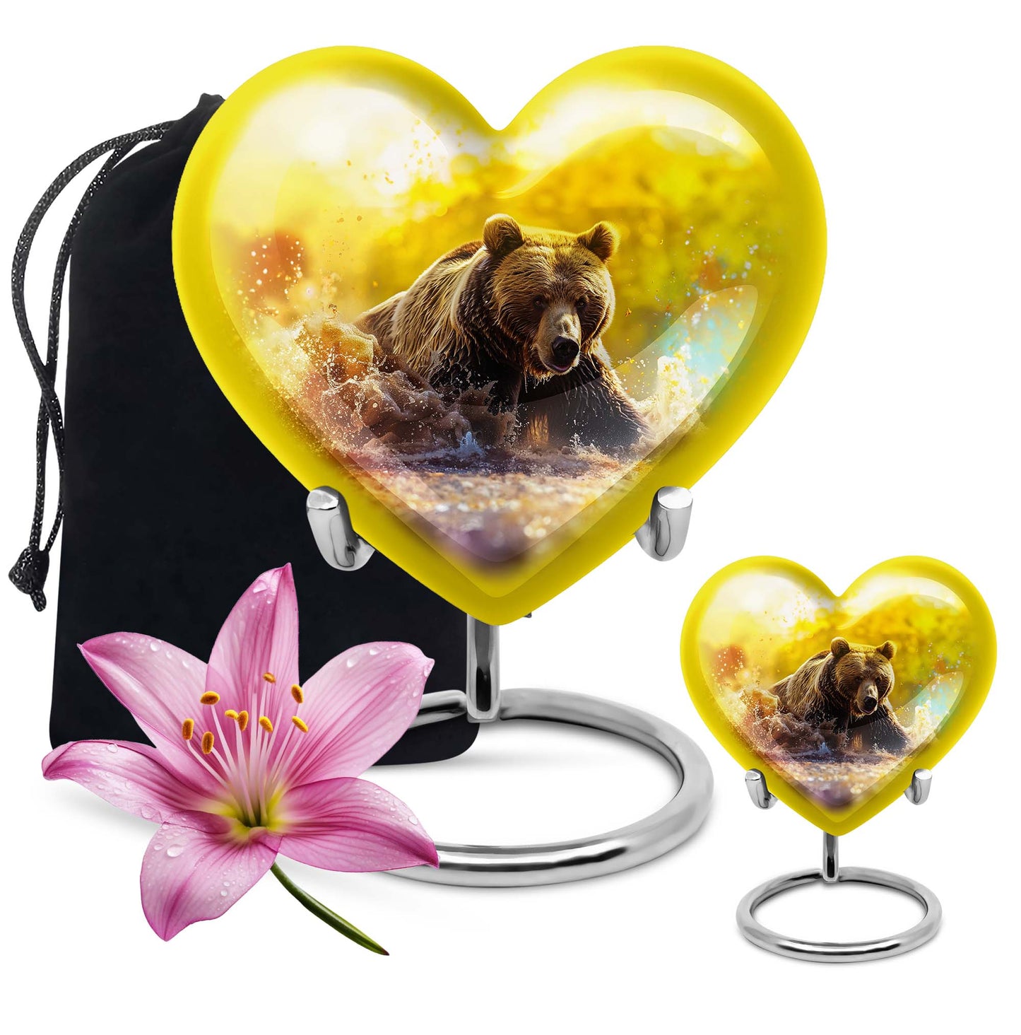 Heart-shaped Bear Urn for dad, 10-inch purple meadow-themed aluminium cremation and burial urn