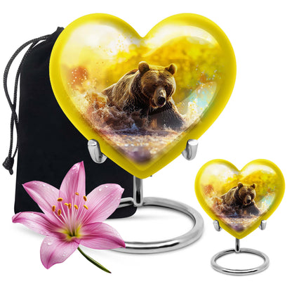 Heart-shaped Bear Urn for dad, 10-inch purple meadow-themed aluminium cremation and burial urn