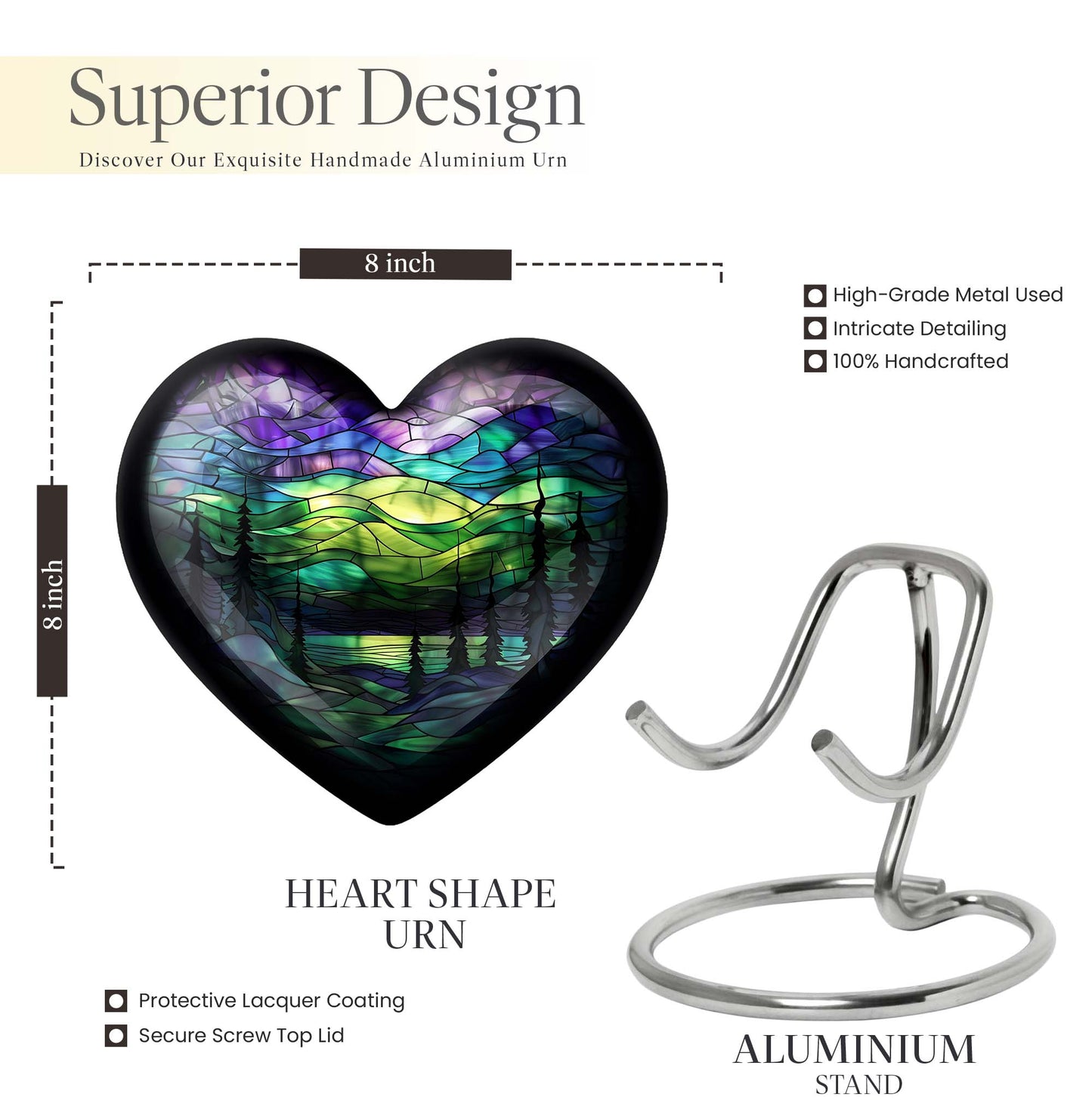 10-inch Northern Lights Urn, heart-shaped, Purple Meadow 