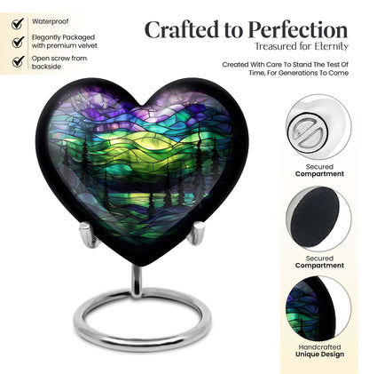 10-inch Northern Lights Urn, heart-shaped, Purple Meadow 
