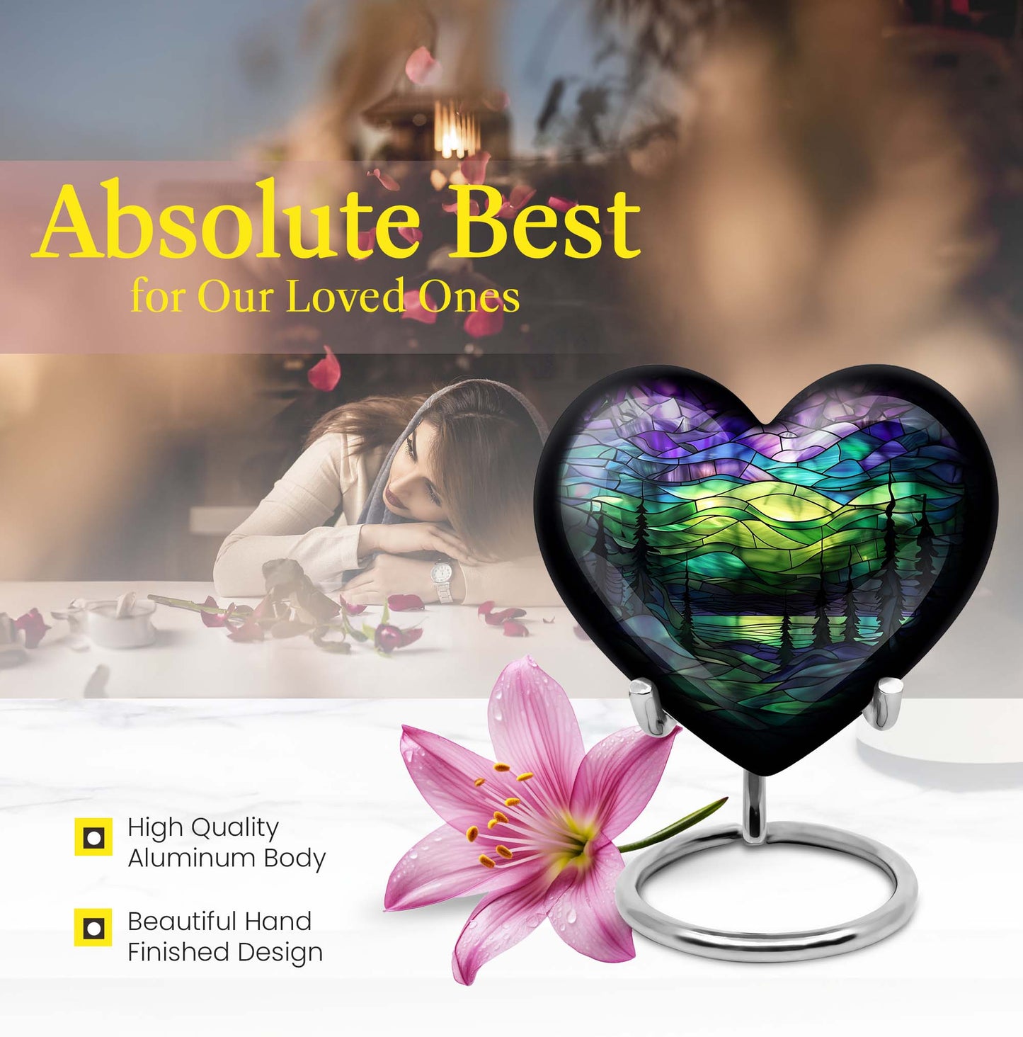 10-inch Northern Lights Urn, heart-shaped, Purple Meadow 